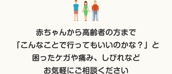赤ちゃんから高齢者の方まで「こんなことで行ってもいいのかな?」と困ったケガや痛み、しびれなど、お気軽にご相談ください